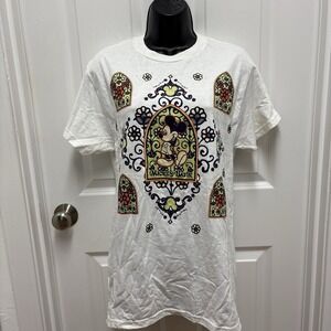 Vintage 90s Mickey Mouse Batik Halloween Art T-Shirt White w/ Flowers Size Small